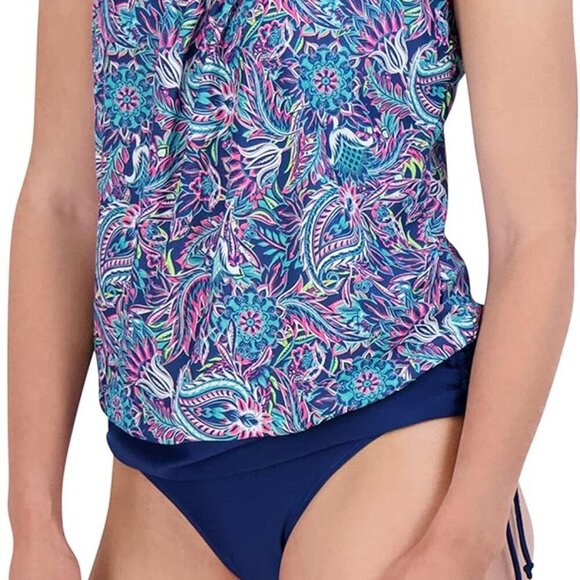 CARIBBEAN JOE BLUE PINK FLORAL RUCHED HIGH-CUT TANKINI 2-PC SET SIZE 12 NWT - Picture 3 of 12